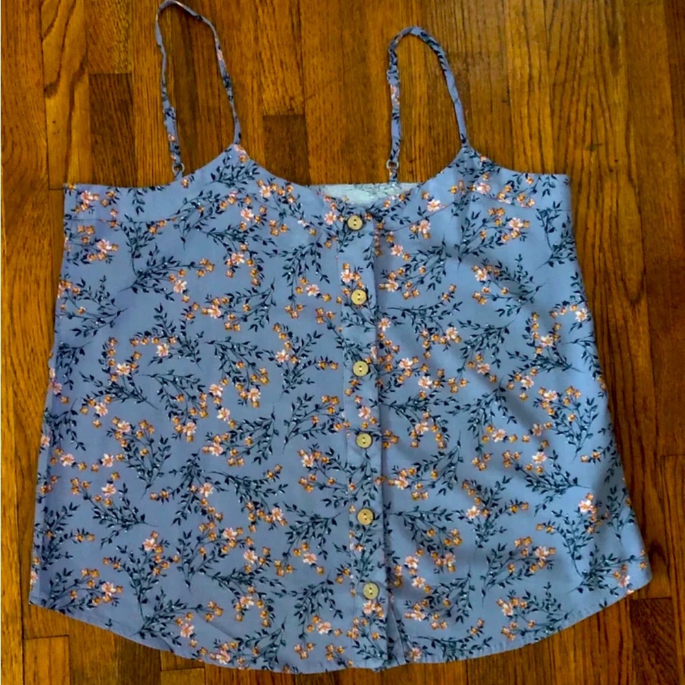 Pink Rose Floral Button Down Spaghetti Strap Tank, size: Medium